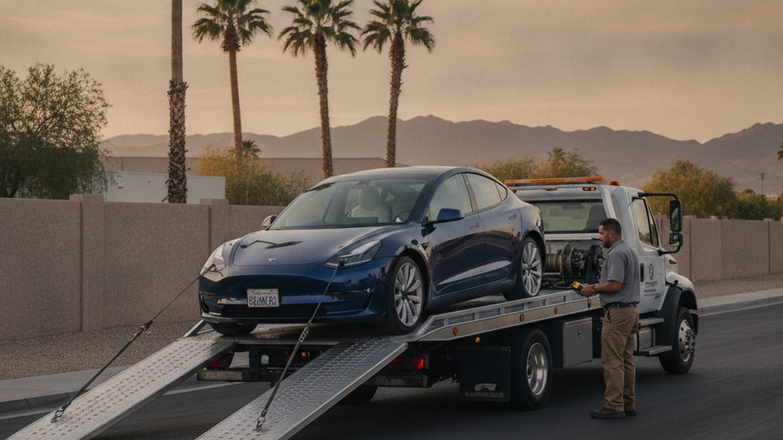 A service truck parked behind a dark electric car on a paved roadside shoulder
