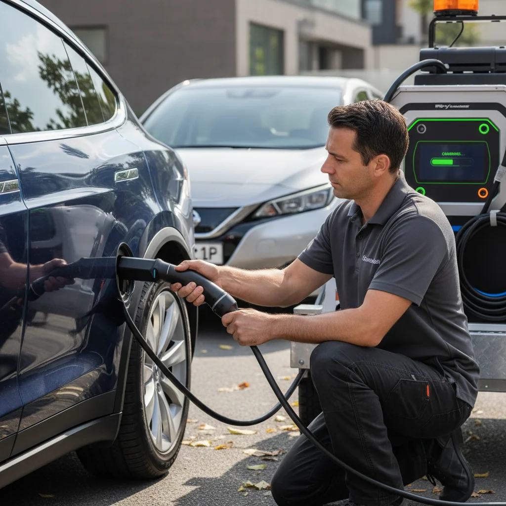 A charging cable plugged into an electric car beside a parked van