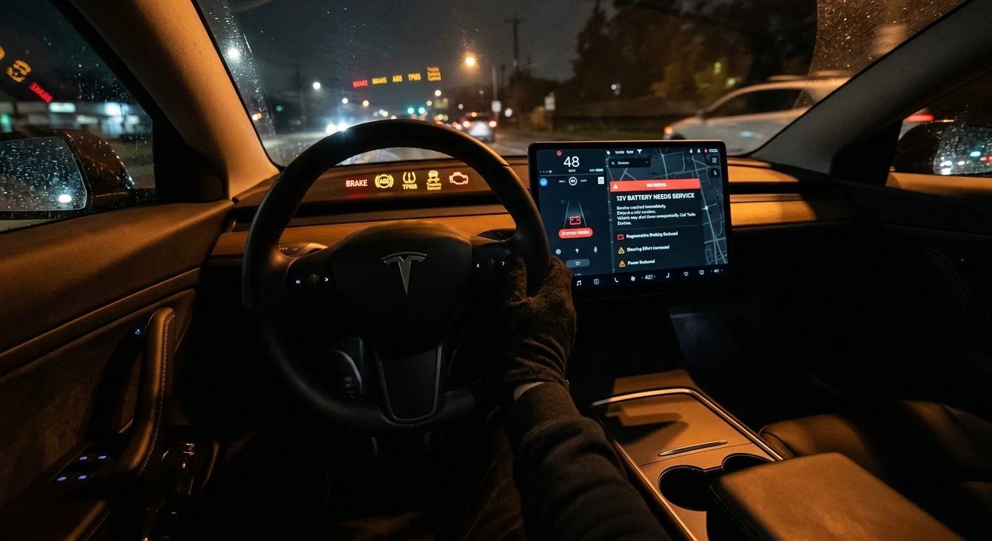 A vehicle dashboard warning that reads 12V Battery Needs Service after the auxiliary battery failed.
