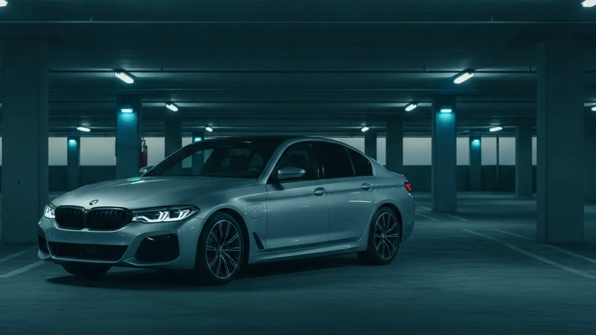 A sedan with a dark dashboard in a parking space after an overnight sit, showing a car that will not power on.