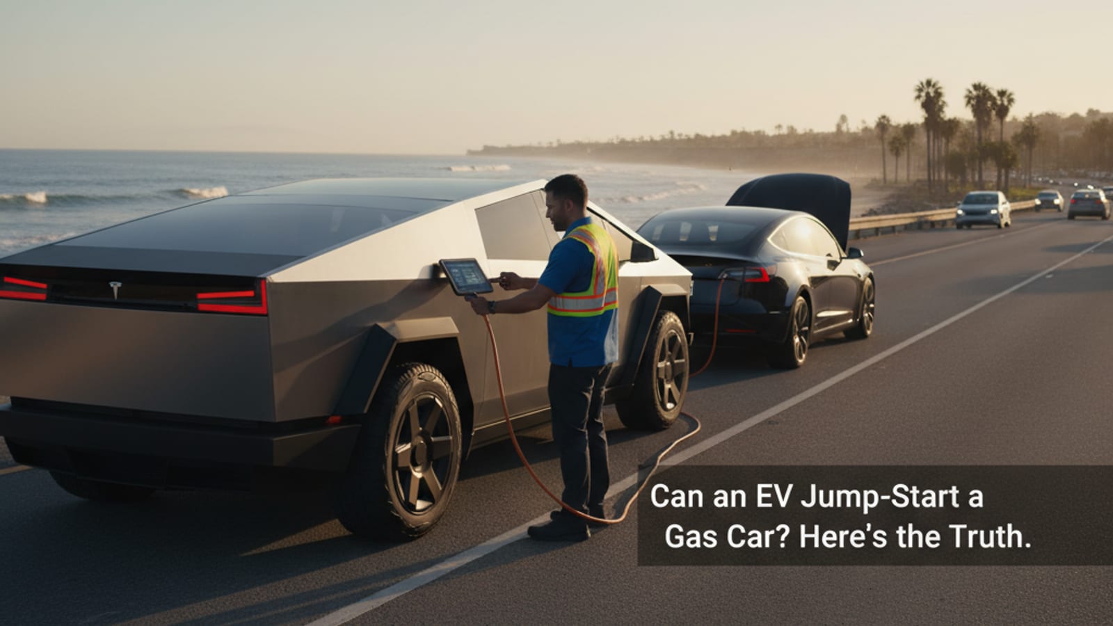 Two cars on a highway shoulder with jumper cables under an open hood
