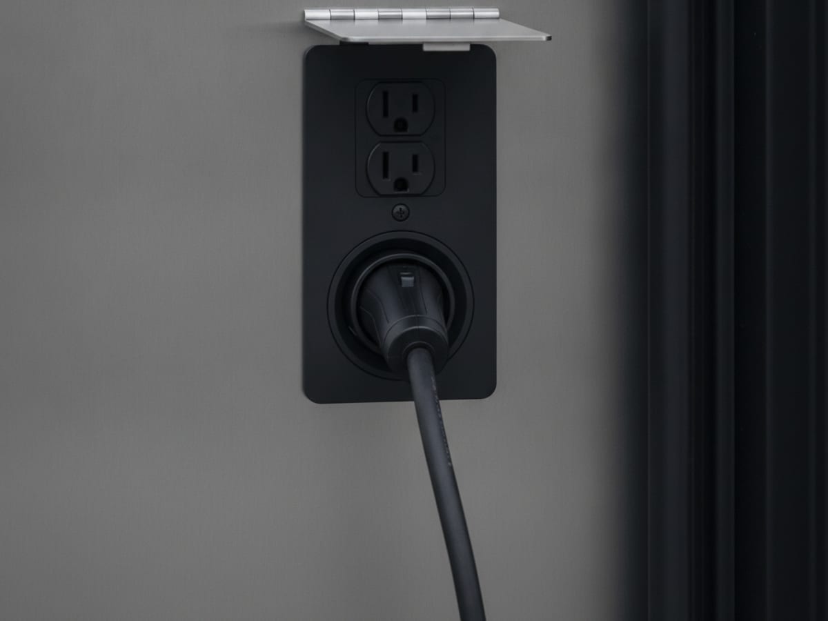 Close-up of a 240-volt outlet on a truck bed wall with a charging cable plugged in