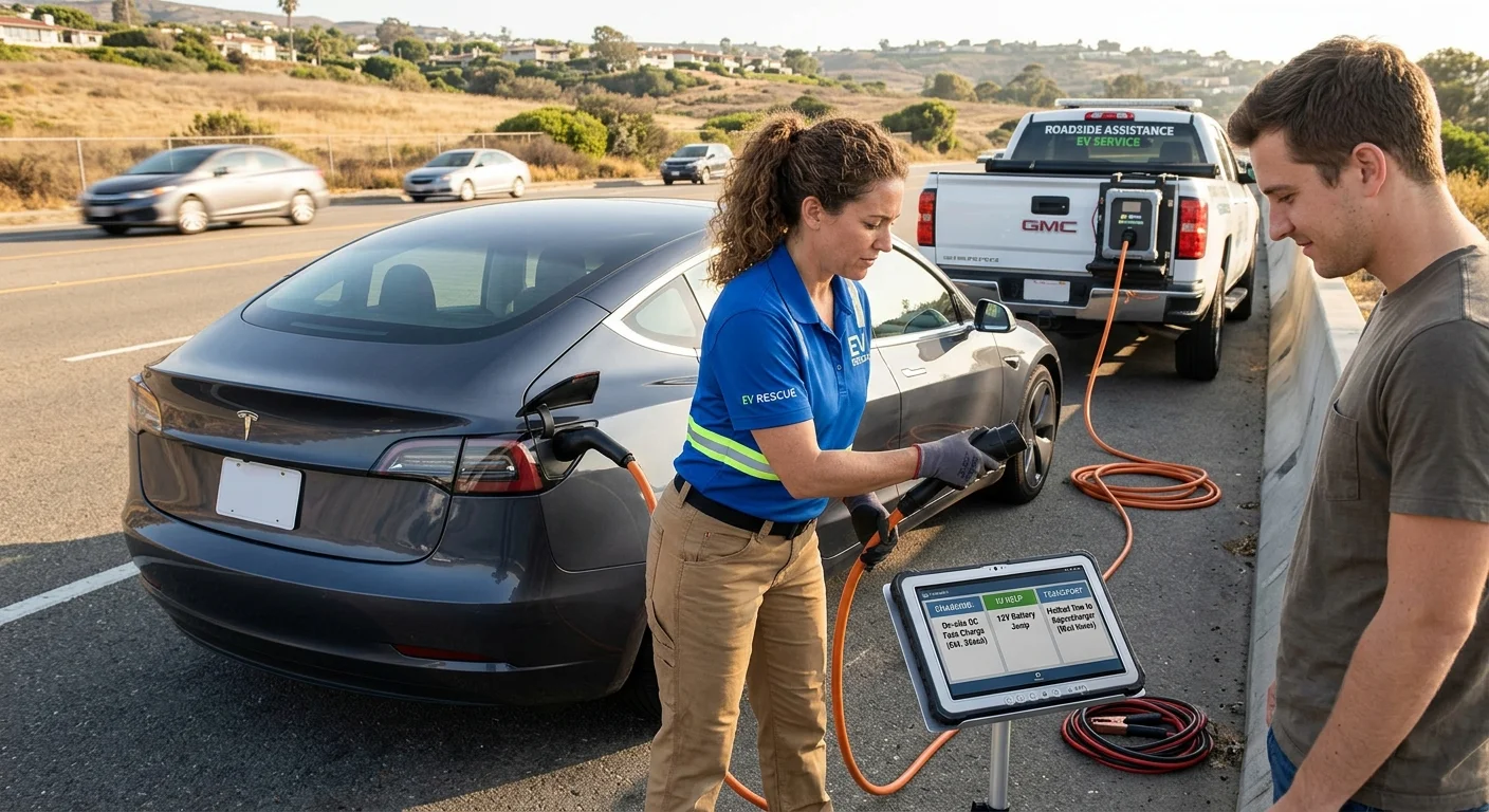 A stranded electric car on a roadside shoulder as a driver reads the dash before choosing the next step