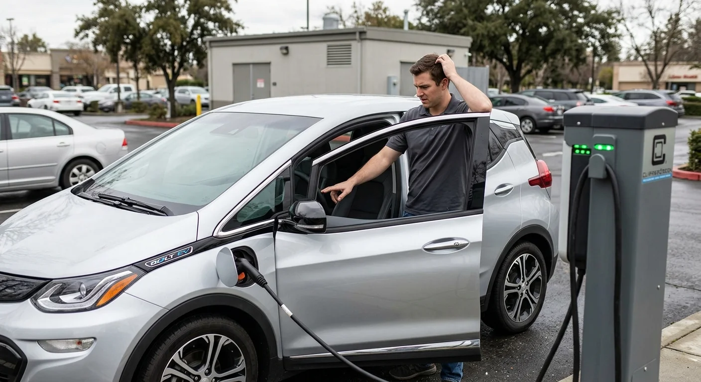 A driver checking a compact electric hatchback charge screen after a public stall failed to start.