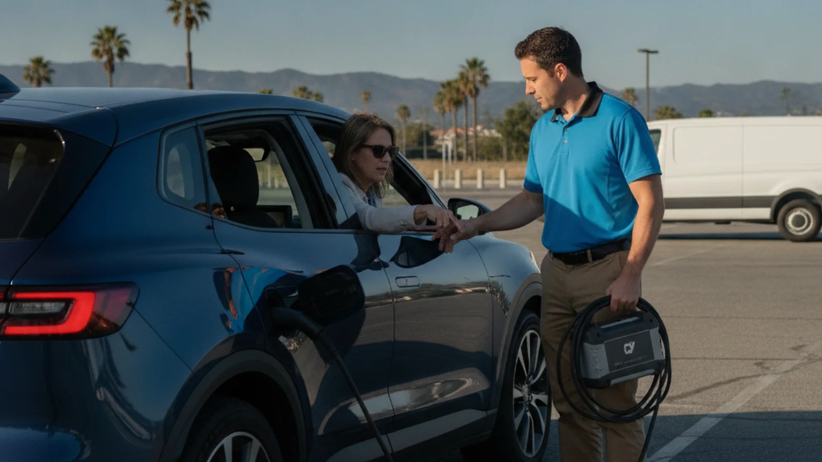 An electric car parked on a paved shoulder with traction-pack and 12-volt battery callouts