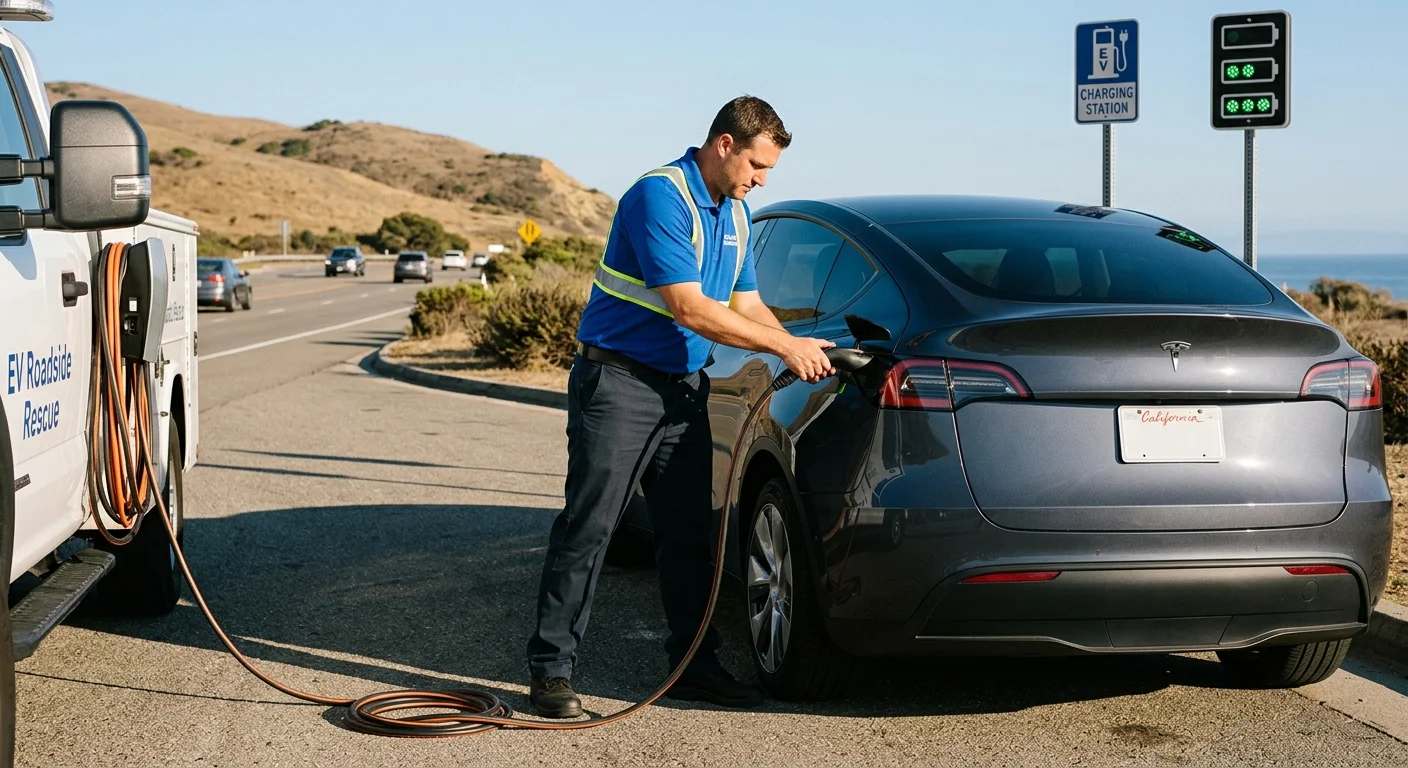 An electric vehicle parked on a paved shoulder beside a portable charger and charging-level icons