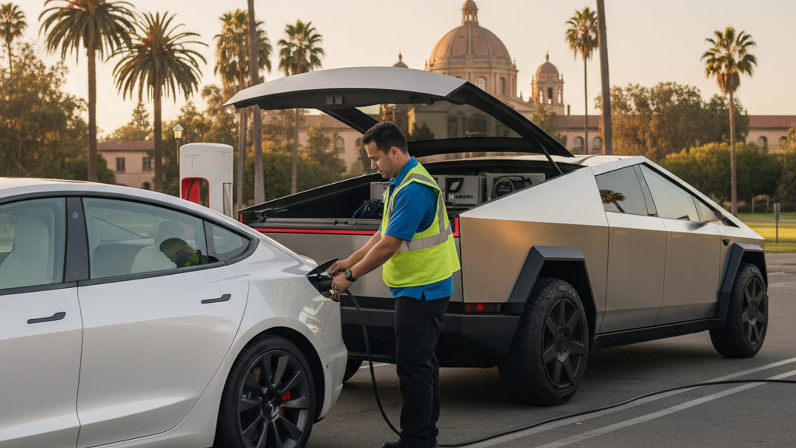 Electric car parked on asphalt with a charge port open and a person standing beside it