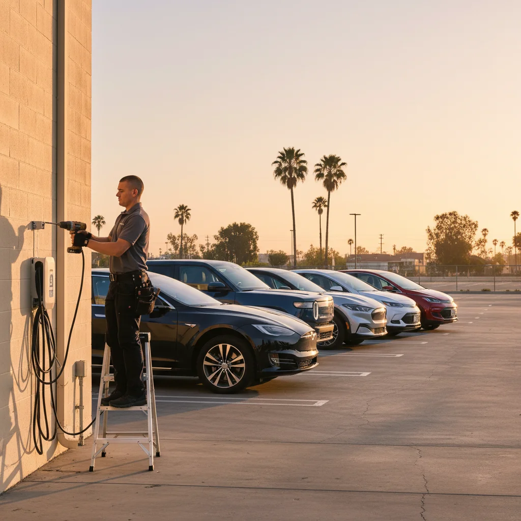 Mixed-brand electric cars parked in a paved lot beside a service van