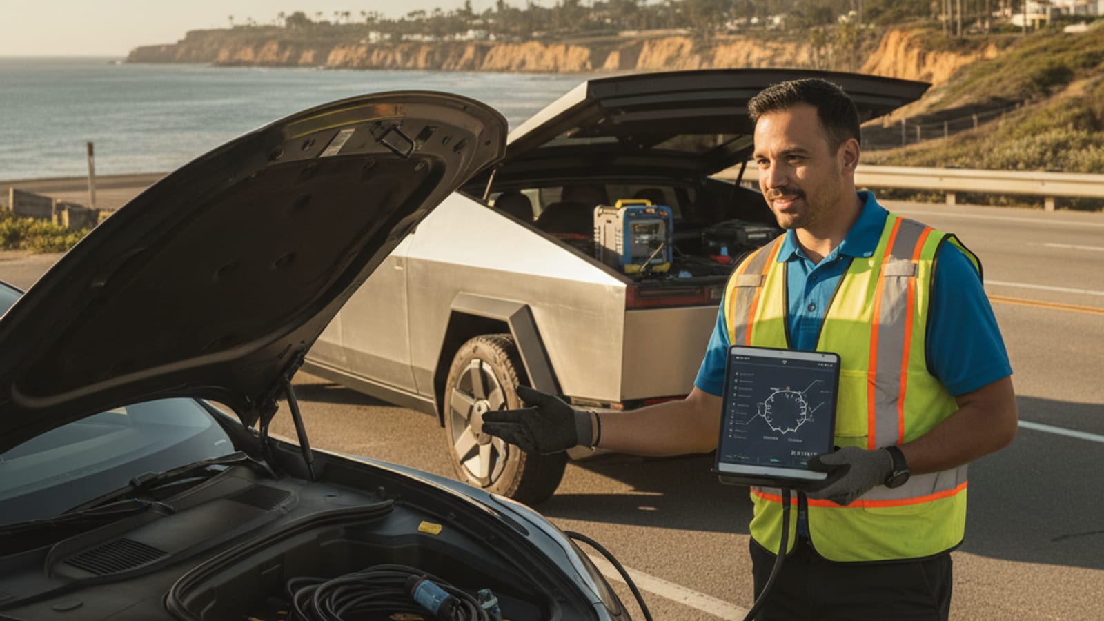 Parked electric car in a paved lot as a person checks the front tire