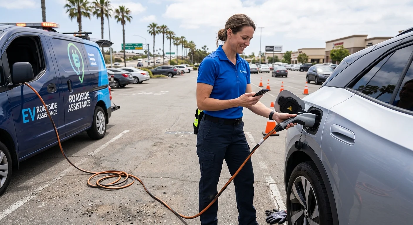 Parked electric car on a paved lot with a driver checking a phone