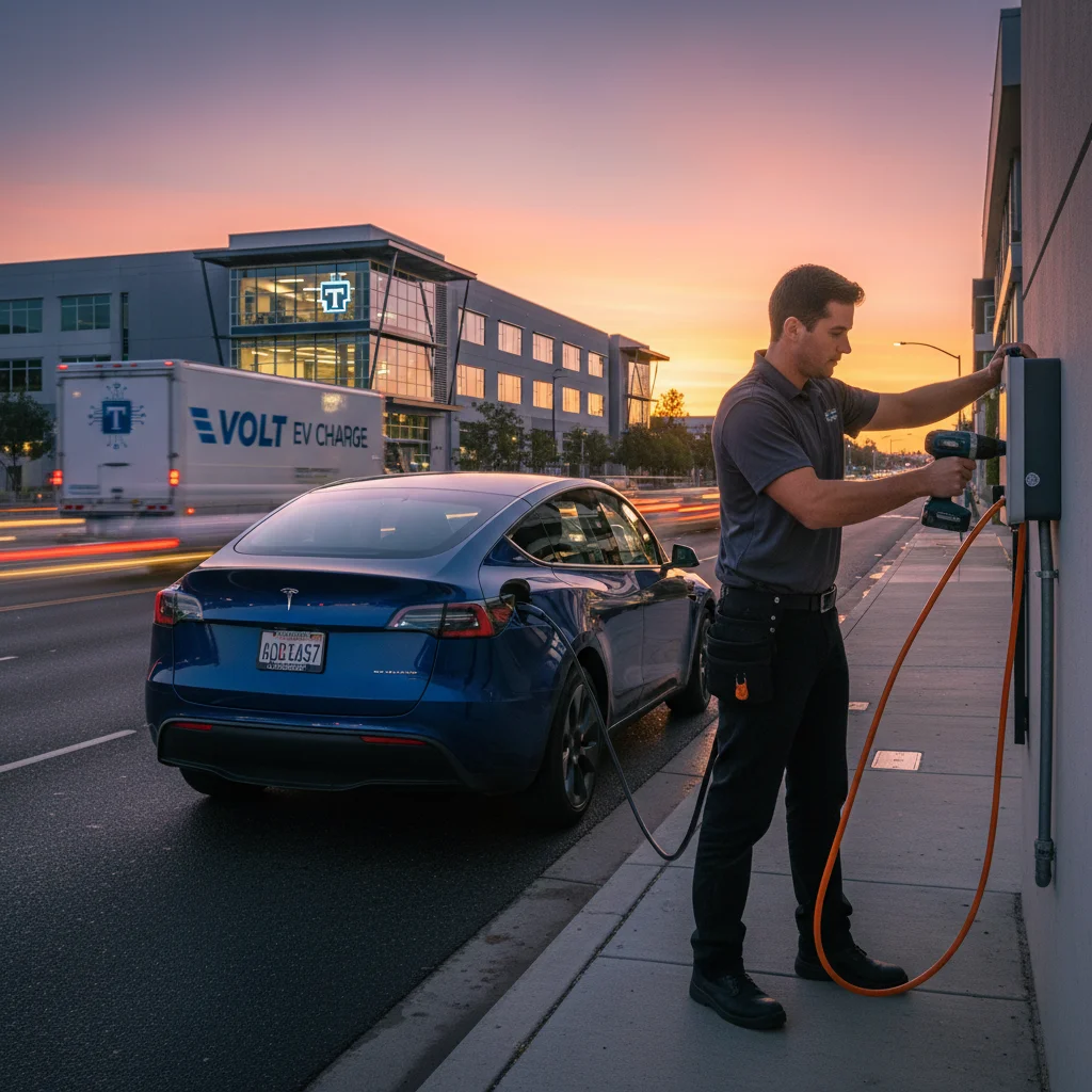 An electric car parked in a wide paved lot with its charge port door open