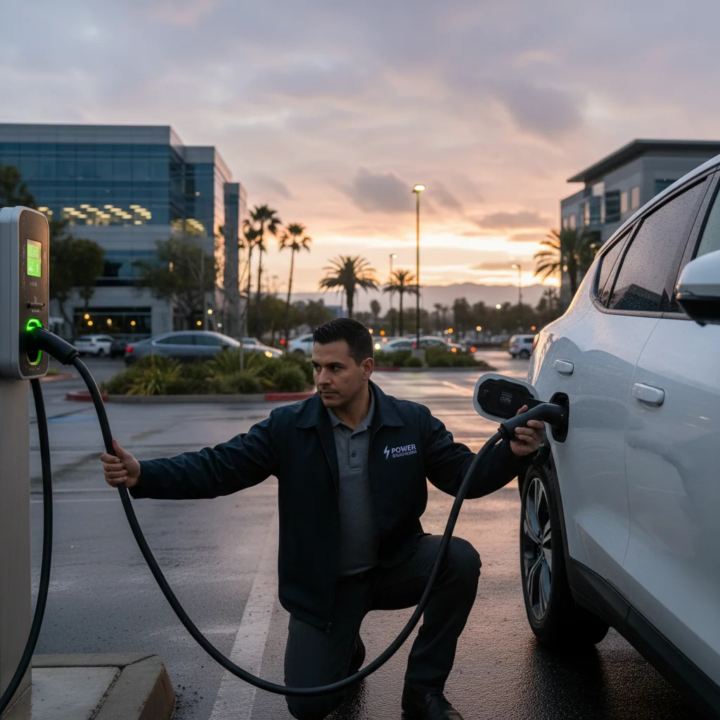 A charging cable connected to an EV between rows of parked cars