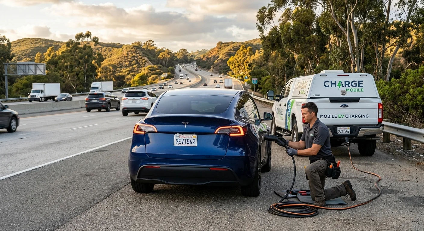 An electric SUV stopped on a freeway shoulder with its hazard lights on