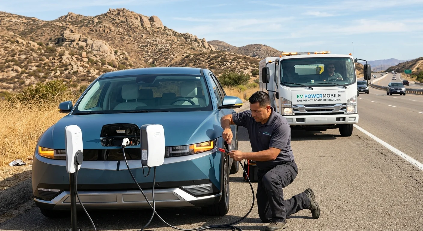 A technician kneels beside a stopped electric car and connects a mobile charger, with a rescue truck parked behind it.