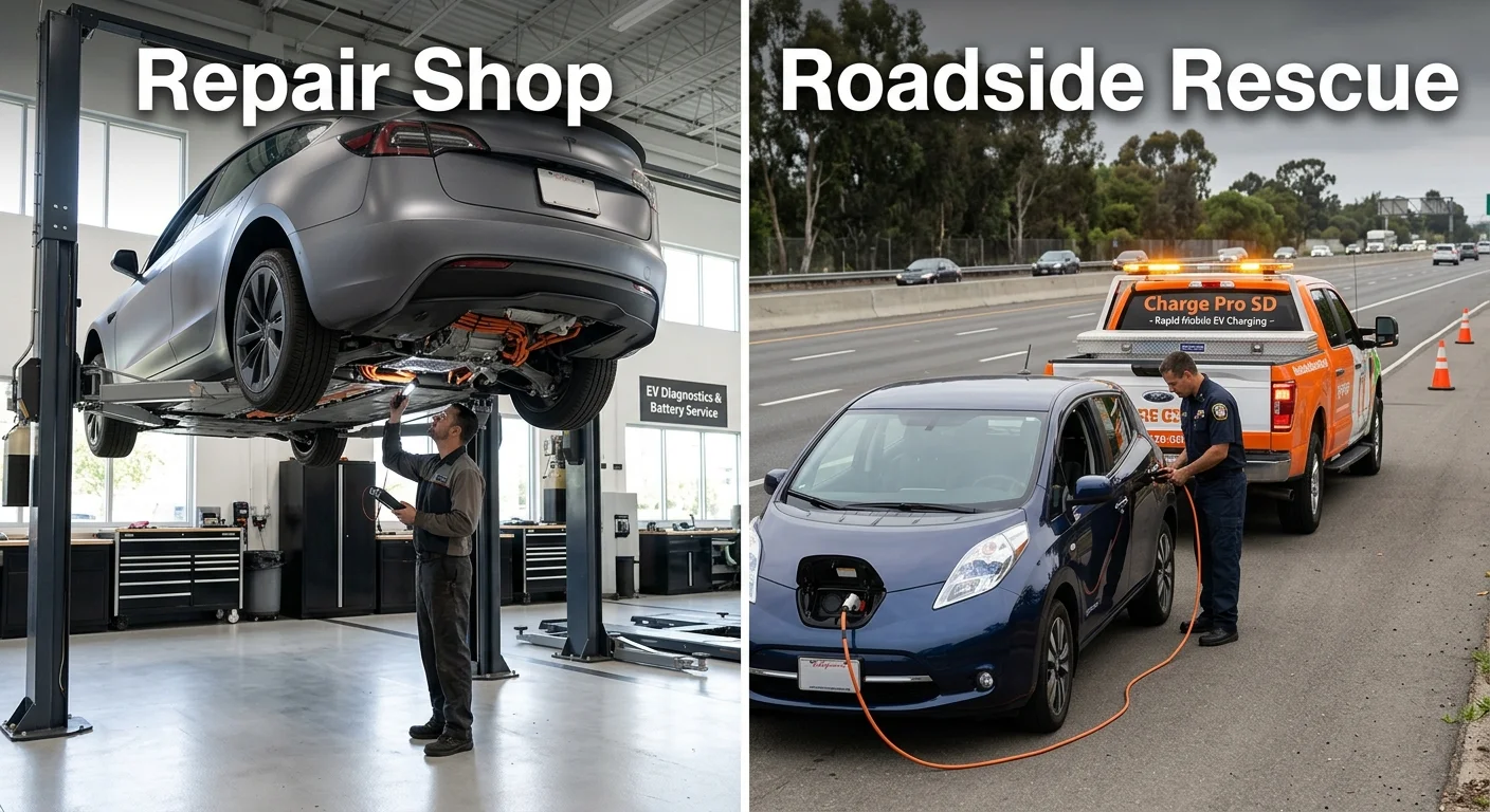 Split view of an EV on a shop lift and a technician connecting a charge cable to a stalled EV at the roadside