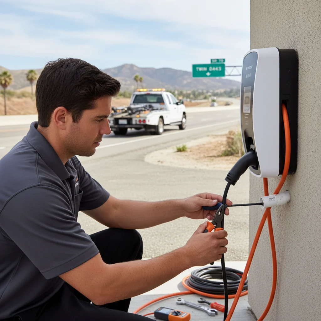 Technician plugging a portable charger into a parked EV on a quiet residential street