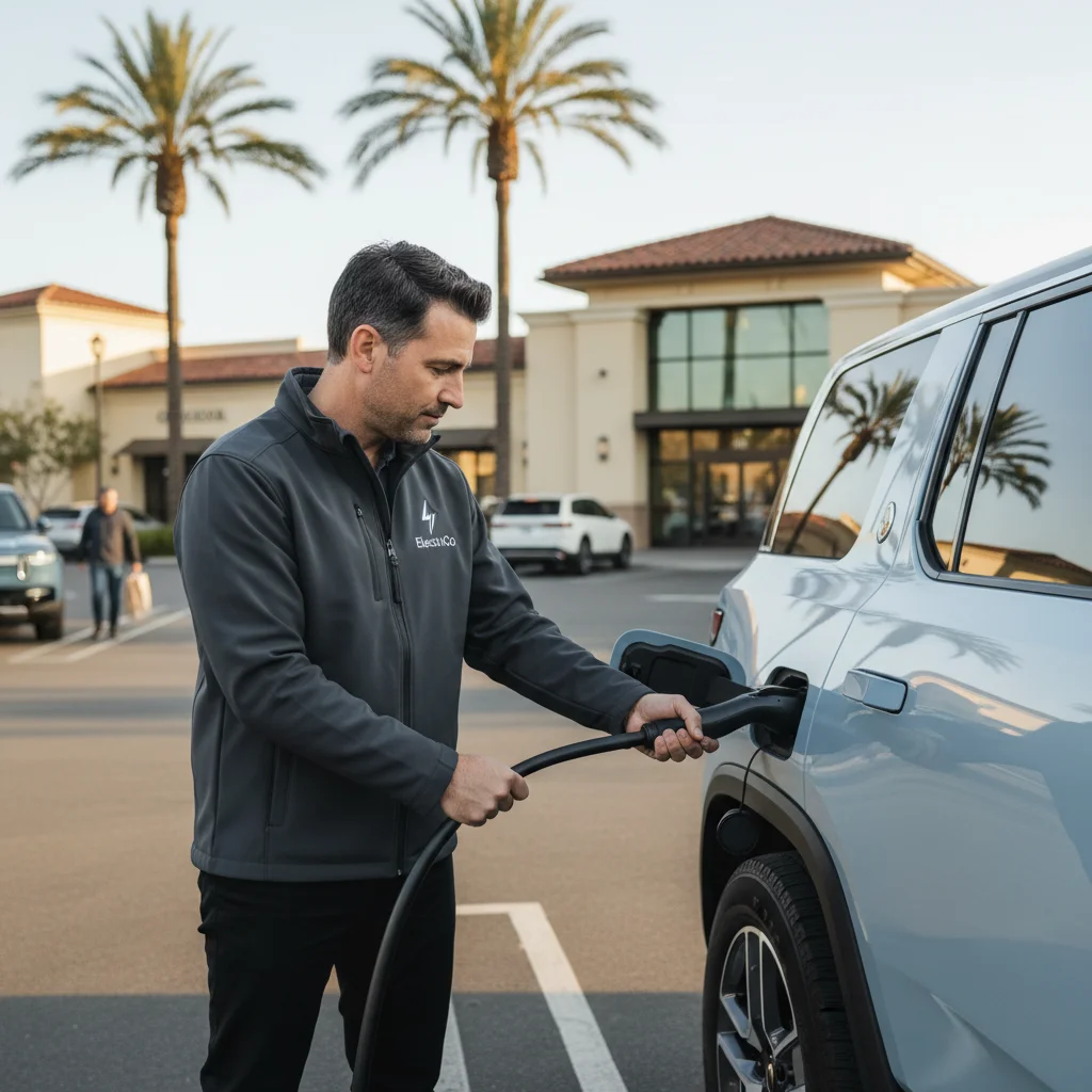 A technician plugging a mobile charging cable into an electric SUV in a paved parking lot