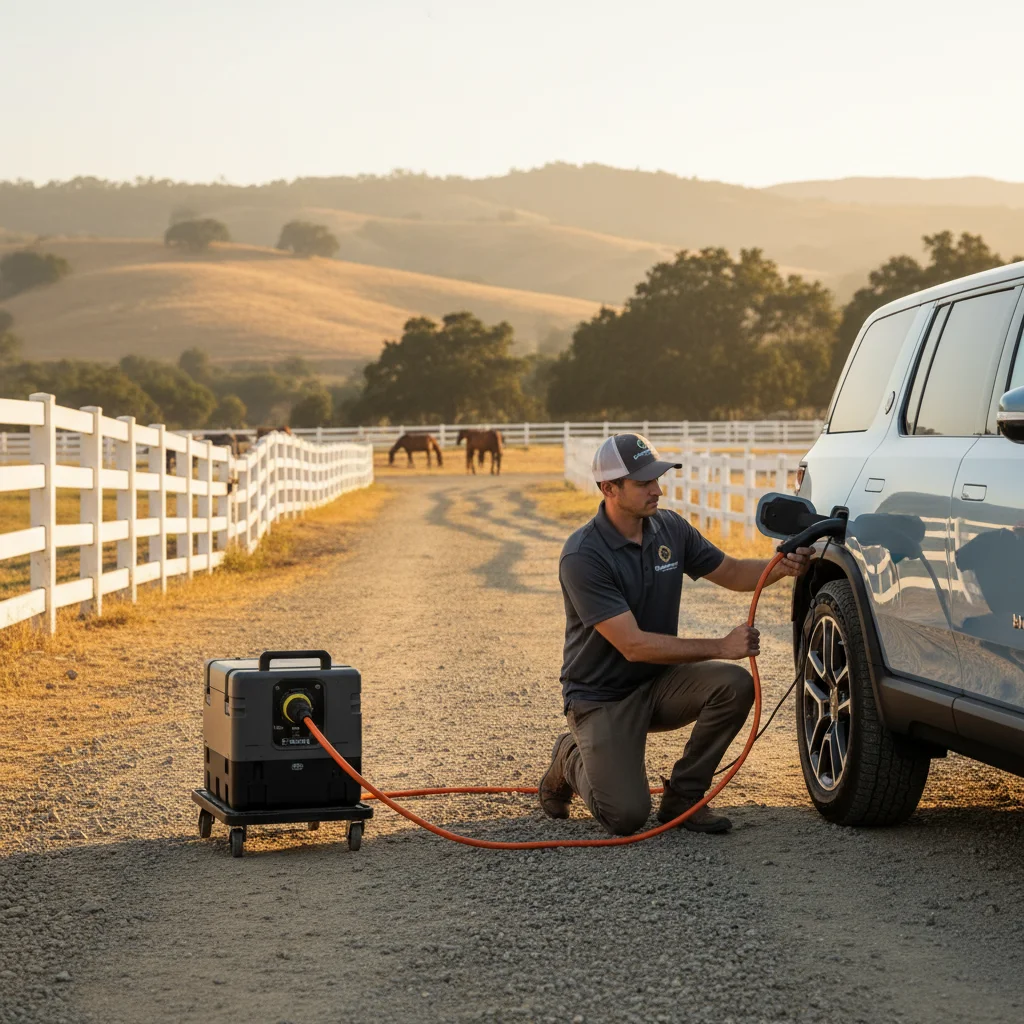 Technician plugging a portable charger cable into an EV on a rural driveway