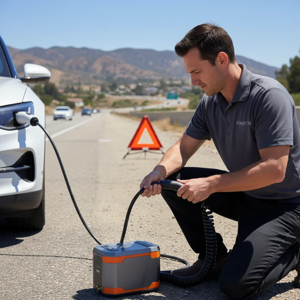 A technician connecting a charging cable to an electric car at a roadside curb