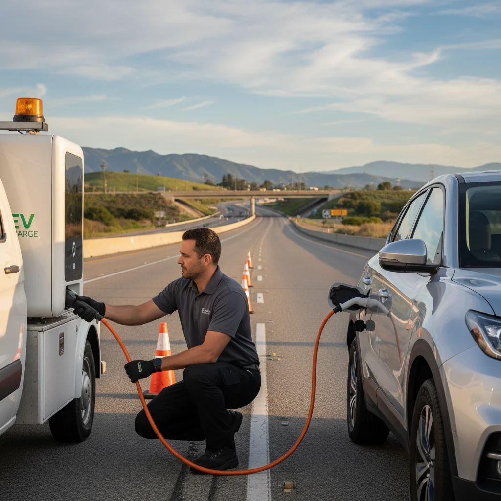 Electric car stopped on a paved shoulder with hazard lights flashing