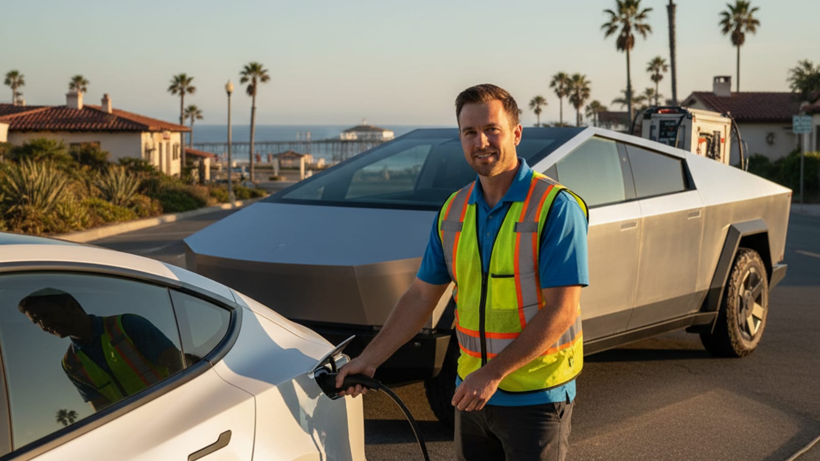 A dark electric car on a paved shoulder with hazard lights on and a person waiting by the door