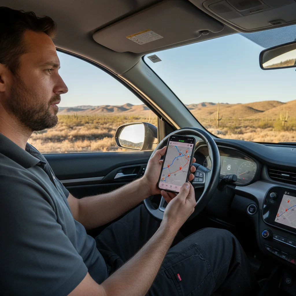 A driver on a highway shoulder checking a phone next to a parked EV