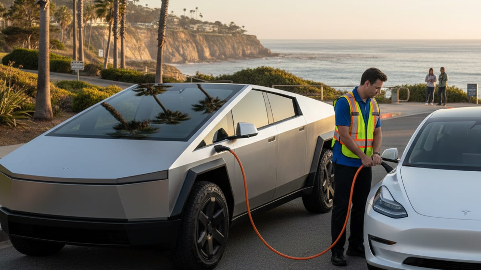 A person waiting beside a parked EV on a paved shoulder near the charge port