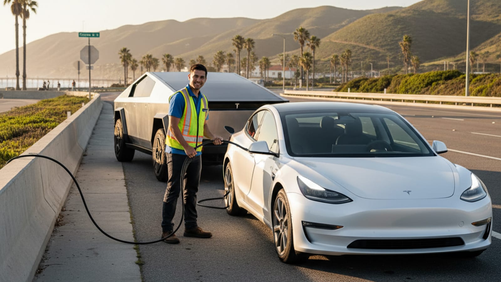 An electric car parked on a paved shoulder beside a white rescue van