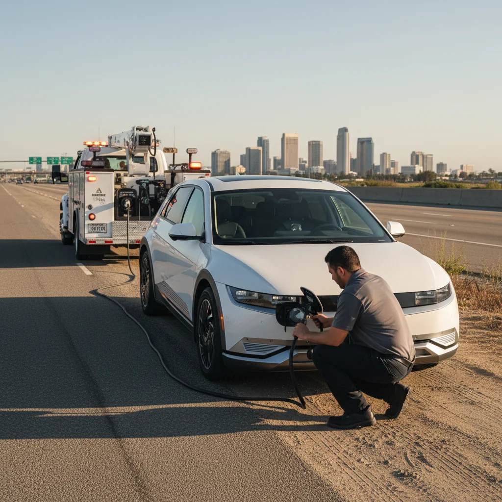 An electric car stopped on a suburban shoulder while the driver checks a warning on the dash