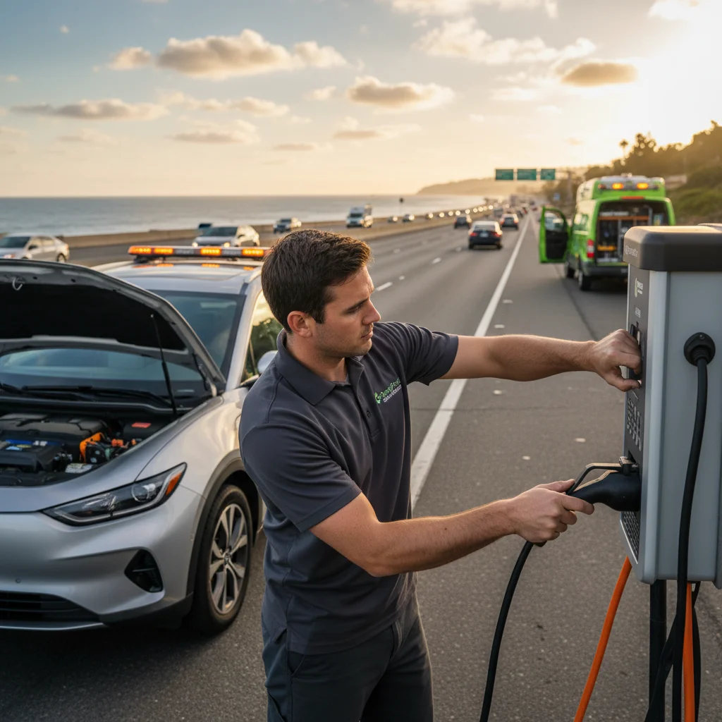 An operator plugging a charging cable into an EV on a roadside shoulder