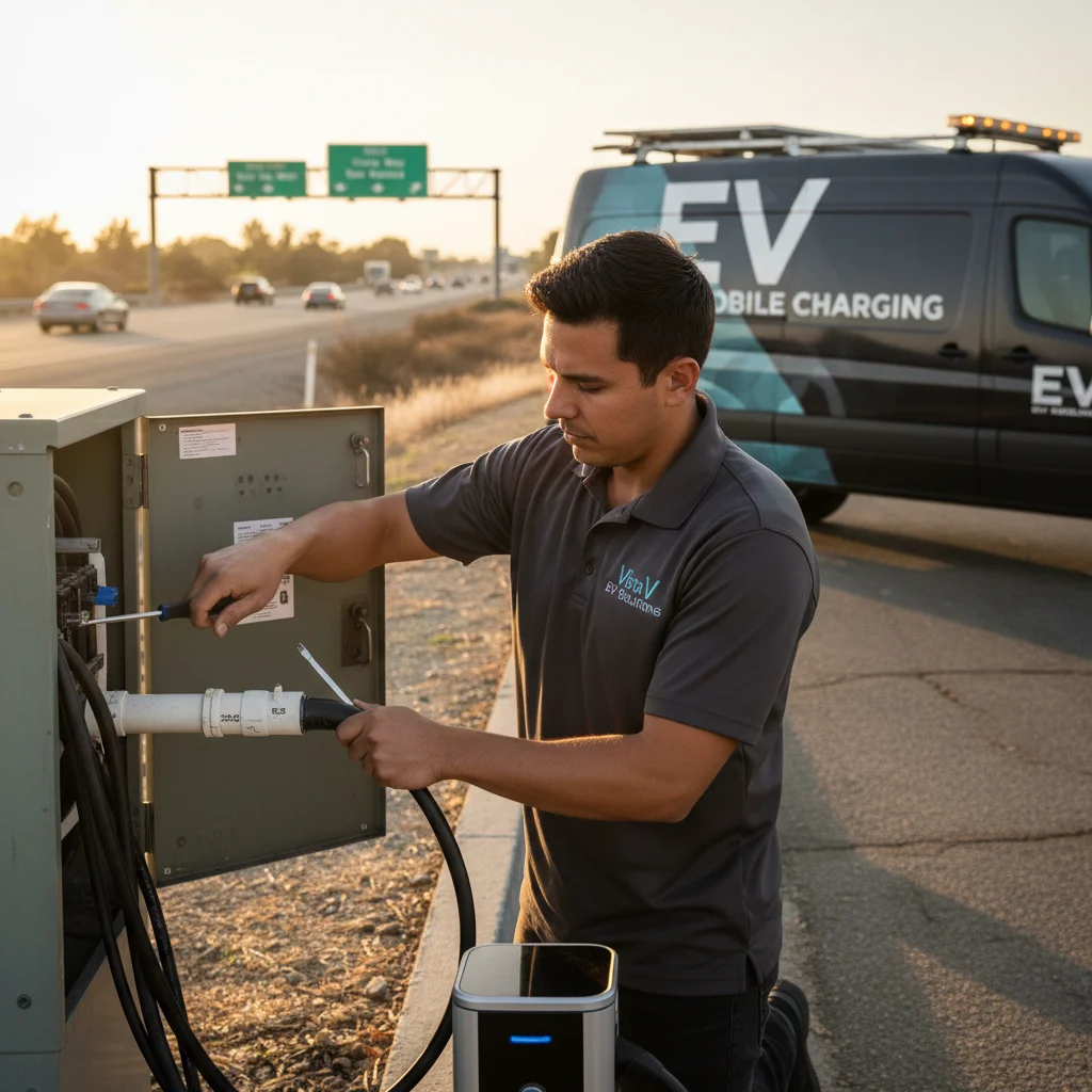 A technician plugging a charging cable into an EV parked at the curb