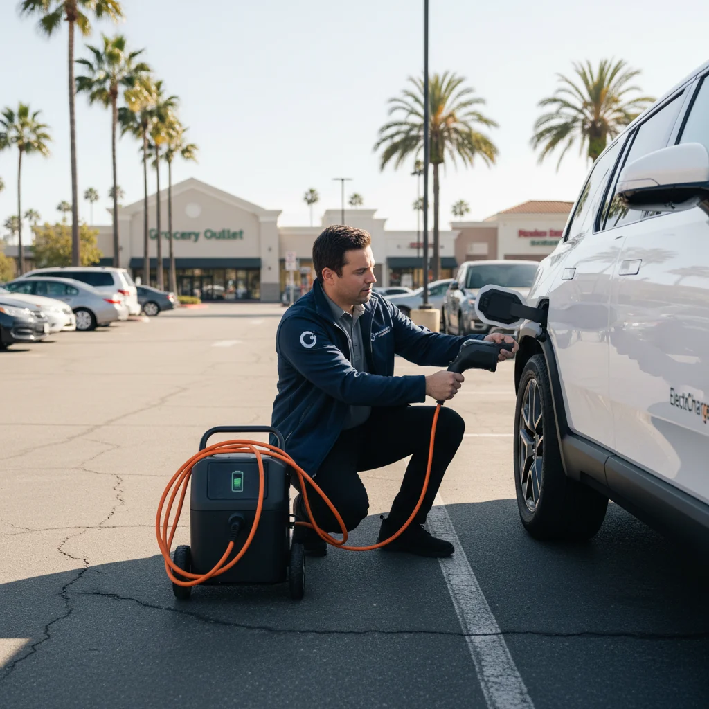 A technician holding a charging connector beside an EV in a paved parking lot