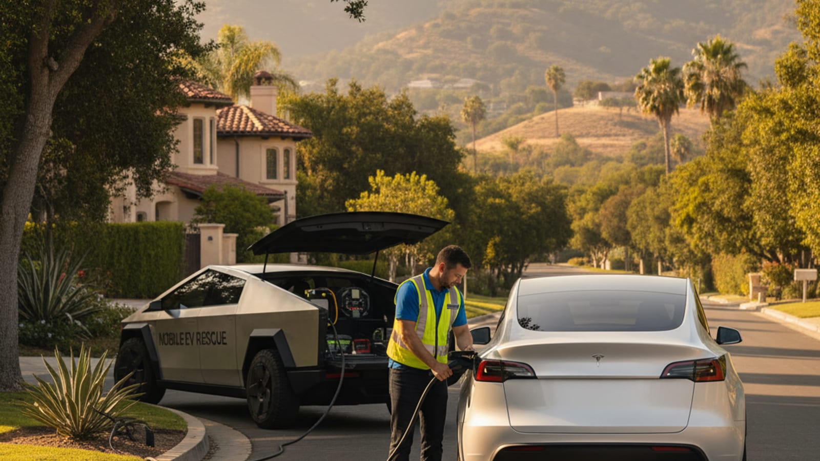 A dark electric car parked on a paved shoulder while a technician stands at the charge port