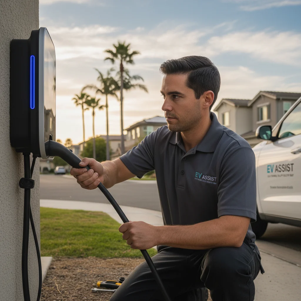 Technician holding a charging plug at the fender of a parked electric SUV
