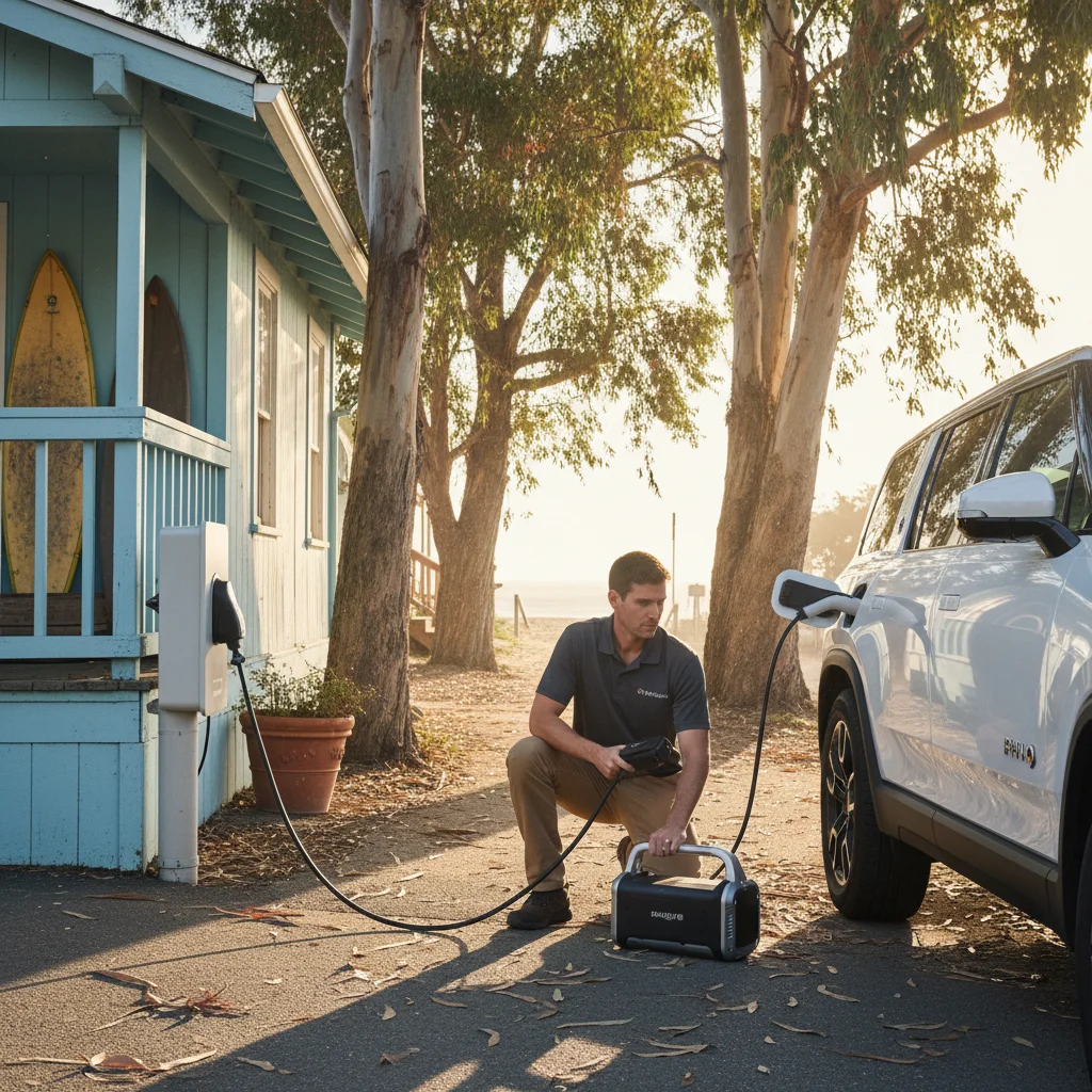 A technician connecting a mobile charger cable to an EV at the curb
