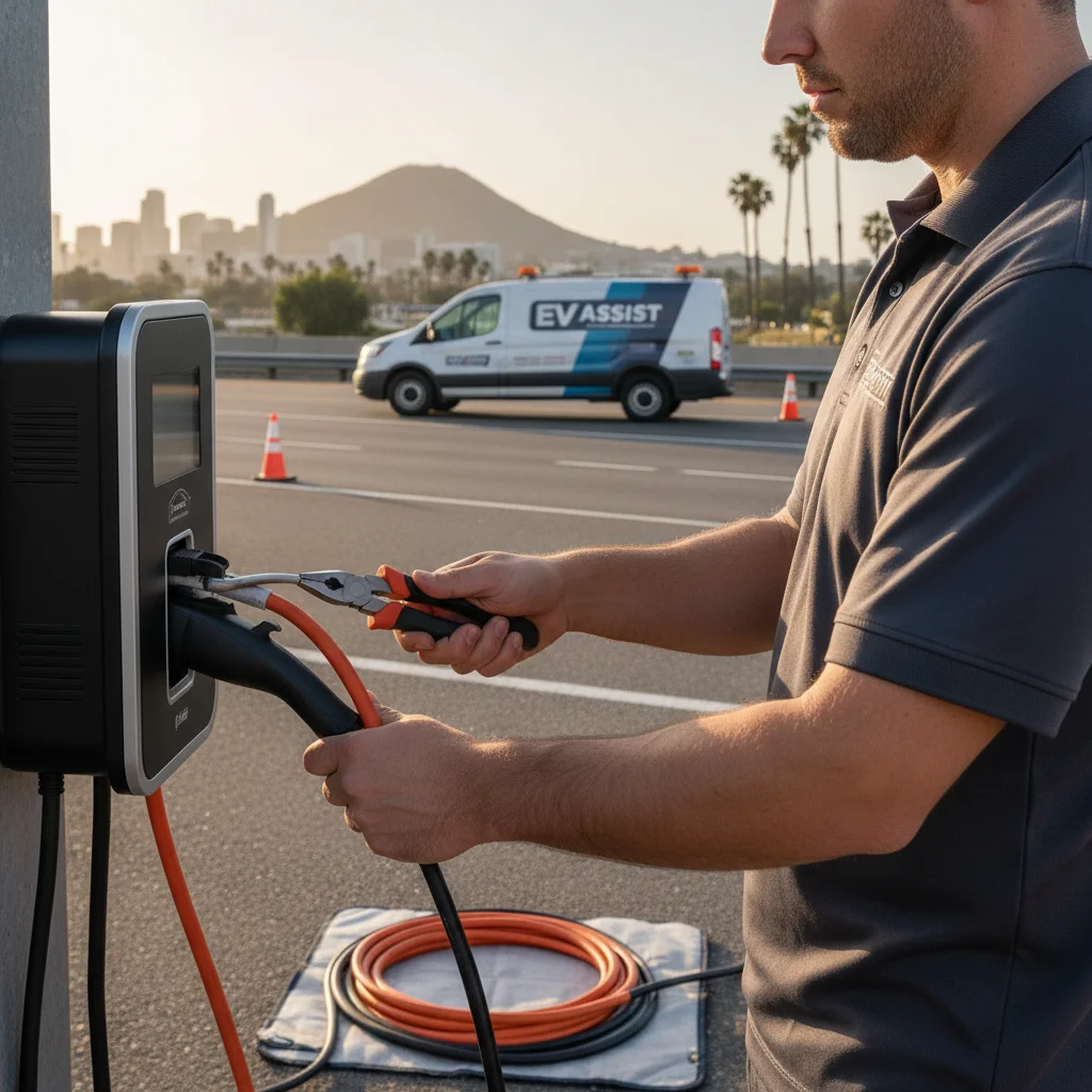 A technician plugging a portable charger into an EV in a paved lot
