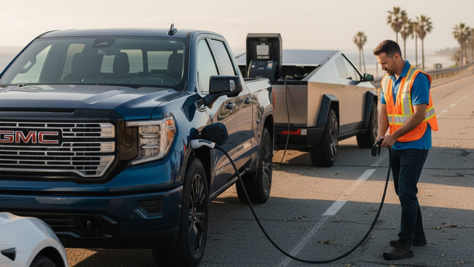 Pickup truck on a paved shoulder with a charge cable in the port and a service vehicle parked ahead