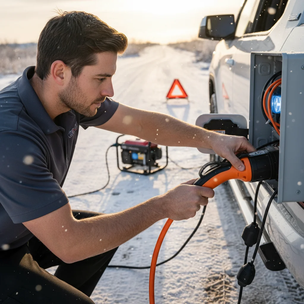 Charge handle locked into an electric truck port during a roadside stop, no landmarks in view