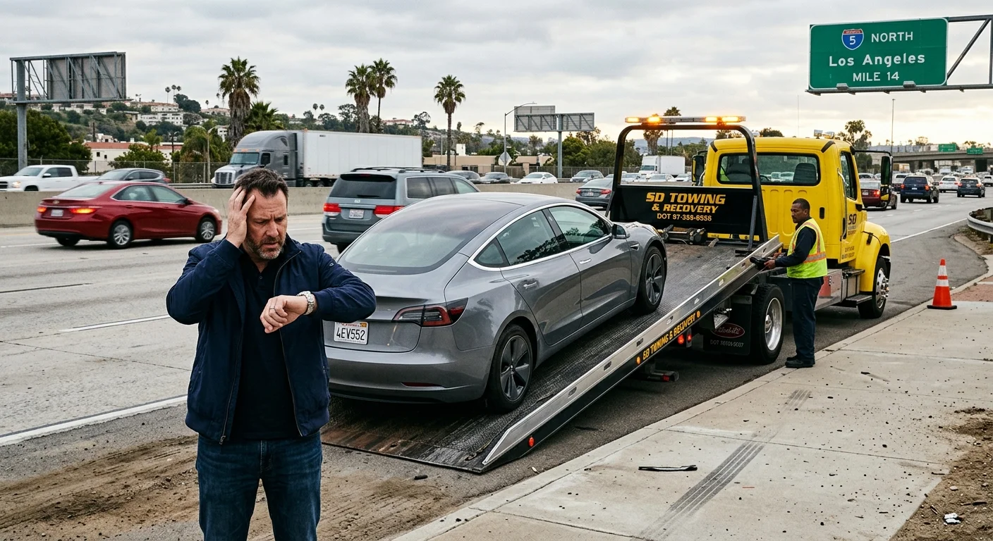 Flatbed tow truck loading an EV on a freeway shoulder as the driver checks a phone