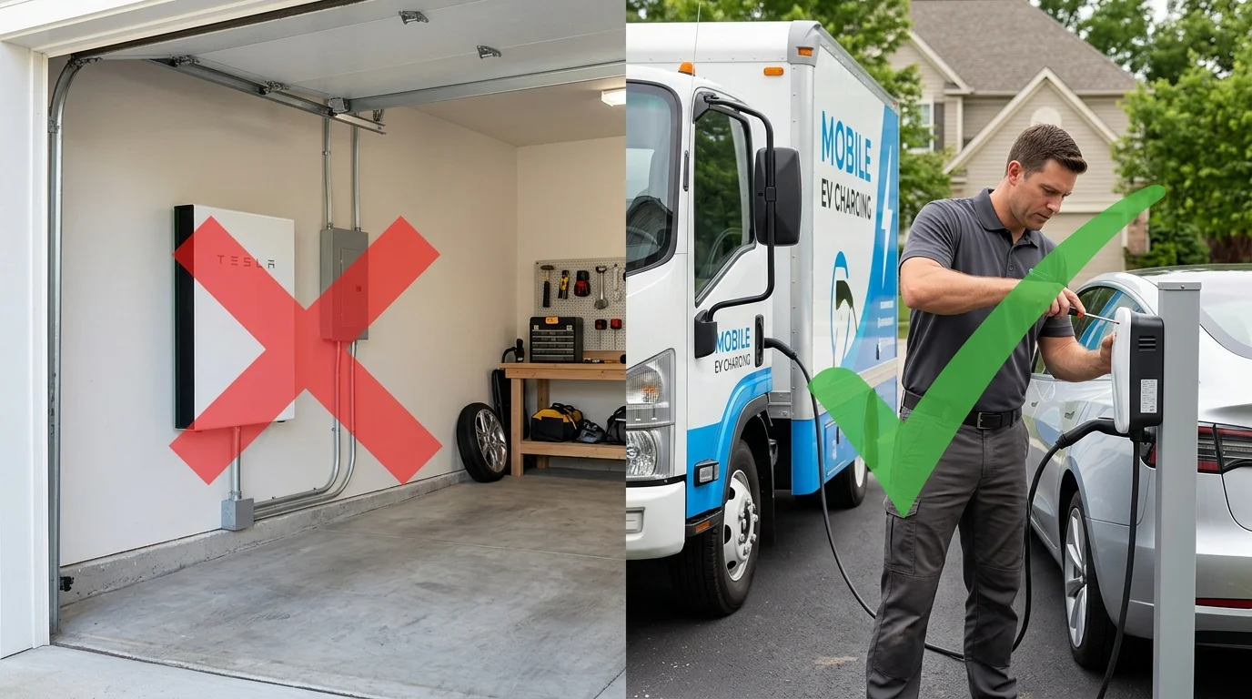 Split photo of a wall-mounted home battery marked with a red X and a charging truck plugged into an EV with a green check