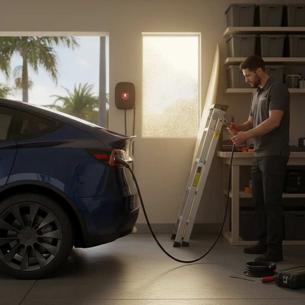 Wall-mounted Level 2 charger in a garage showing an error light on a plugged-in EV
