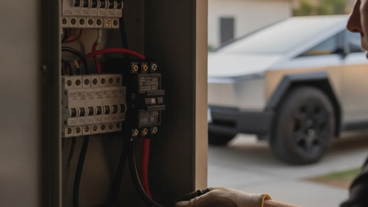 An electrician's hands working inside an open residential electrical panel, with a new 240-volt breaker visible.