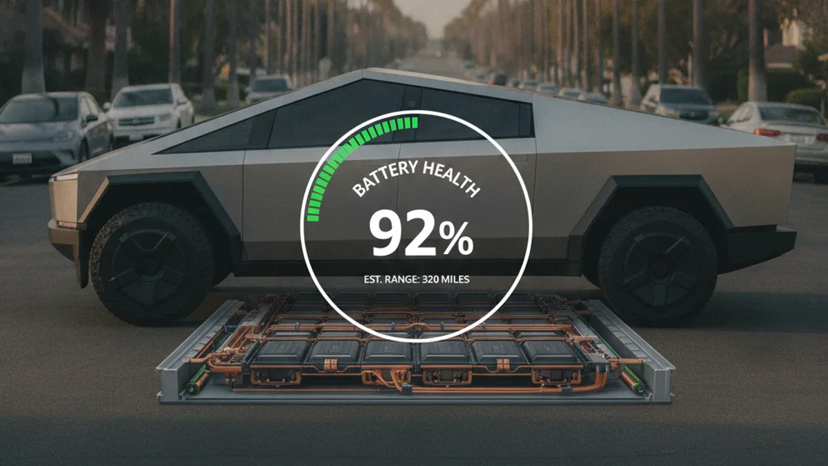 Parked electric sedan on a paved shoulder, driver at the open door checking the screen