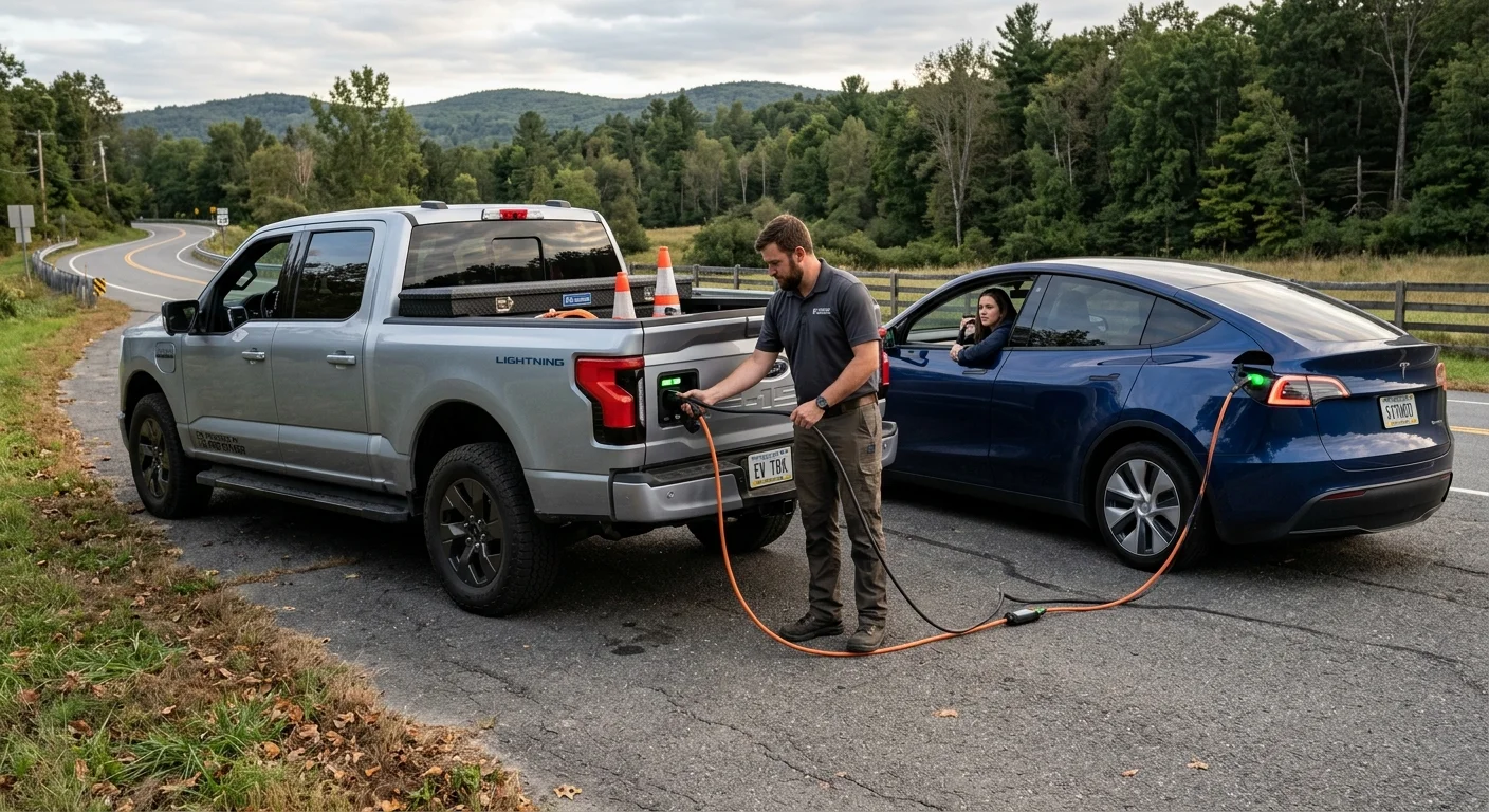 A pickup EV on pavement with a charging cable plugged into the port