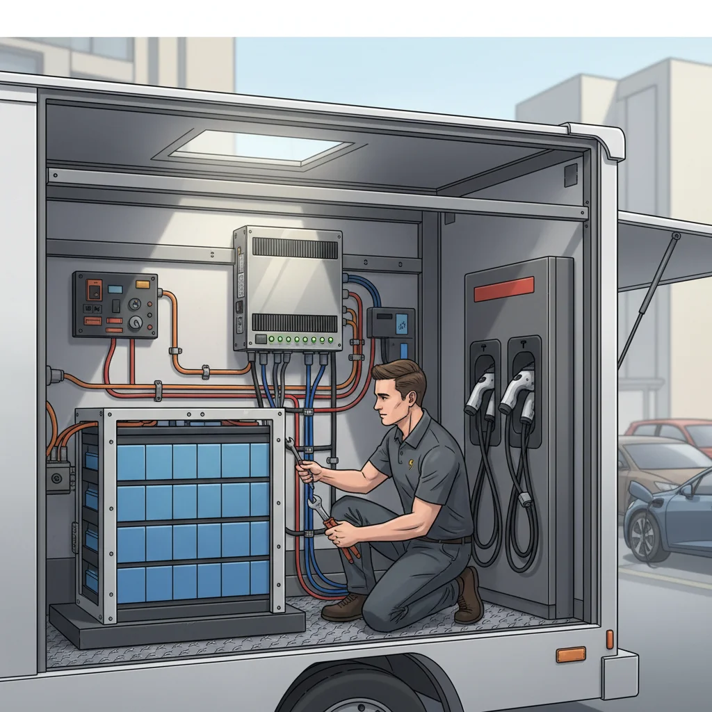 Cables and charging hardware stored in the cargo area of a mobile rescue truck