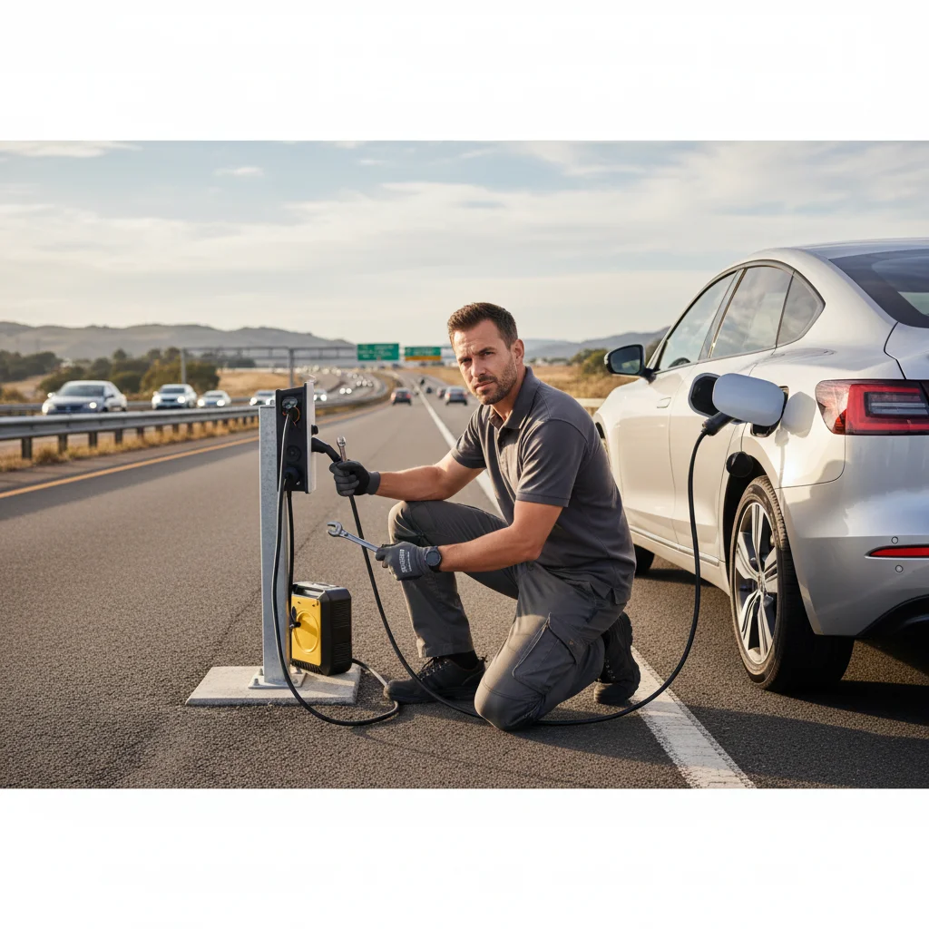 Electric car on a freeway shoulder with hazard lights on as a mobile charging truck approaches