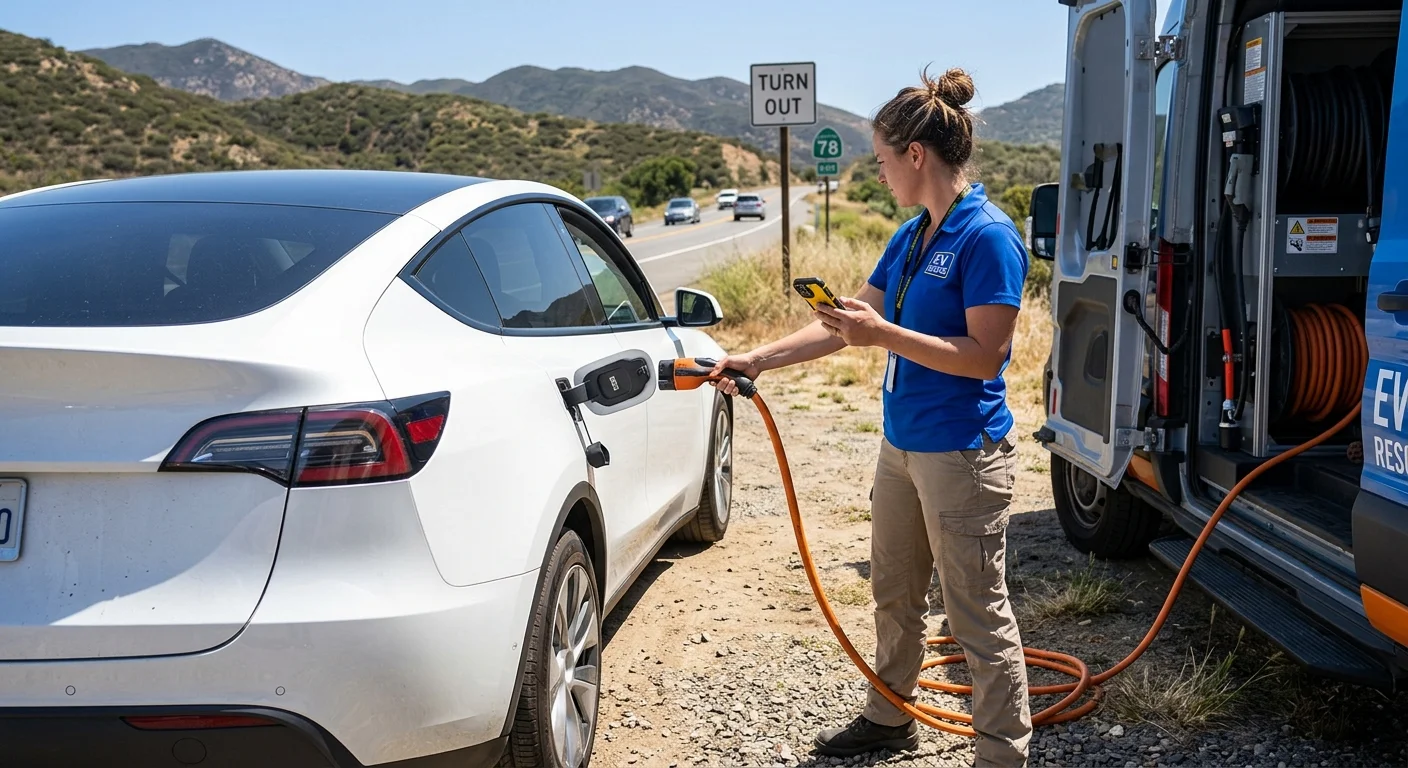 An electric vehicle stopped in a roadside turnout while the driver waits beside the car