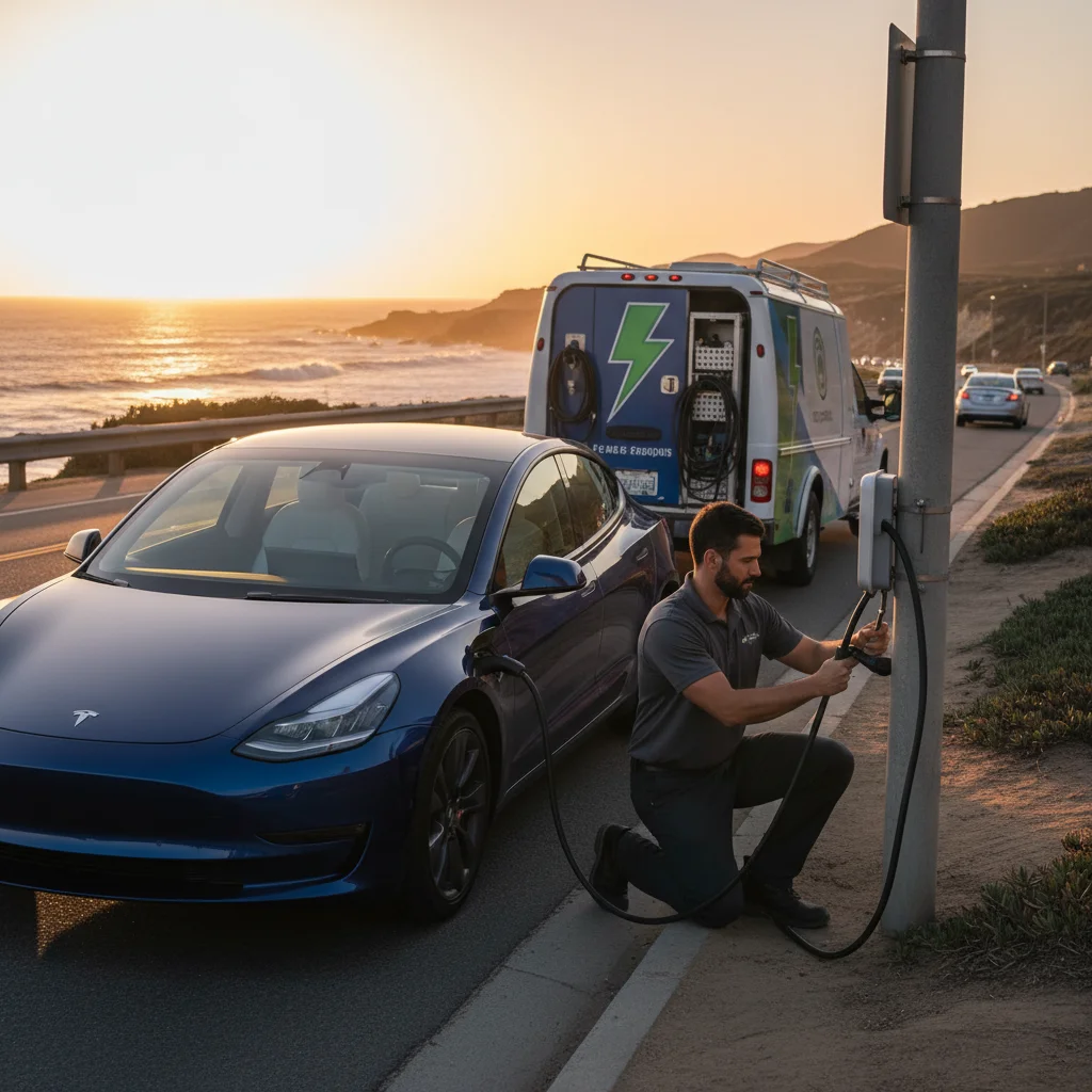 A dark electric sedan on asphalt at dusk with a mobile charging truck pulling up
