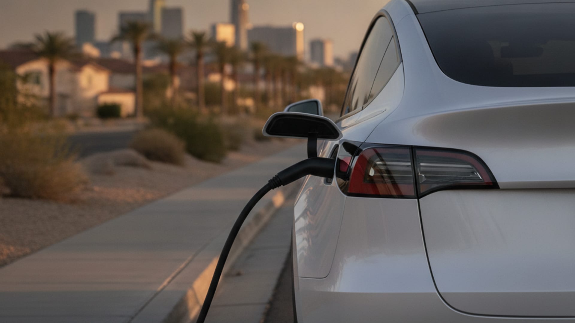 Charge Pro LV operator in electric-blue polo connecting a NACS charging cable to a stranded Tesla Model Y on a Las Vegas street at golden hour