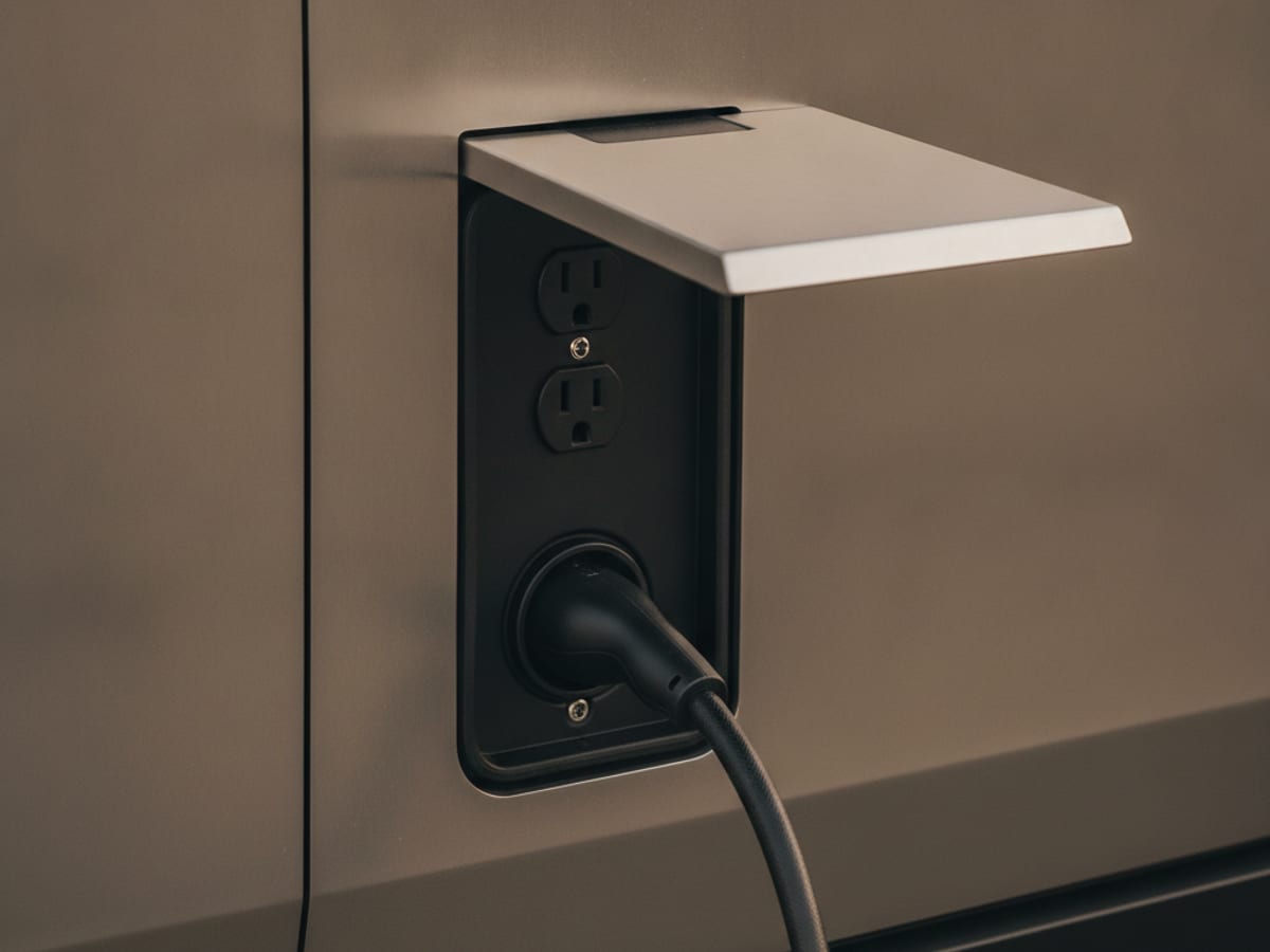 NACS charging cable plugged into the 240V NEMA 14-50 outlet on the inner rear-driver-side bed wall of a Cybertruck, cable routed out of frame toward a Tesla